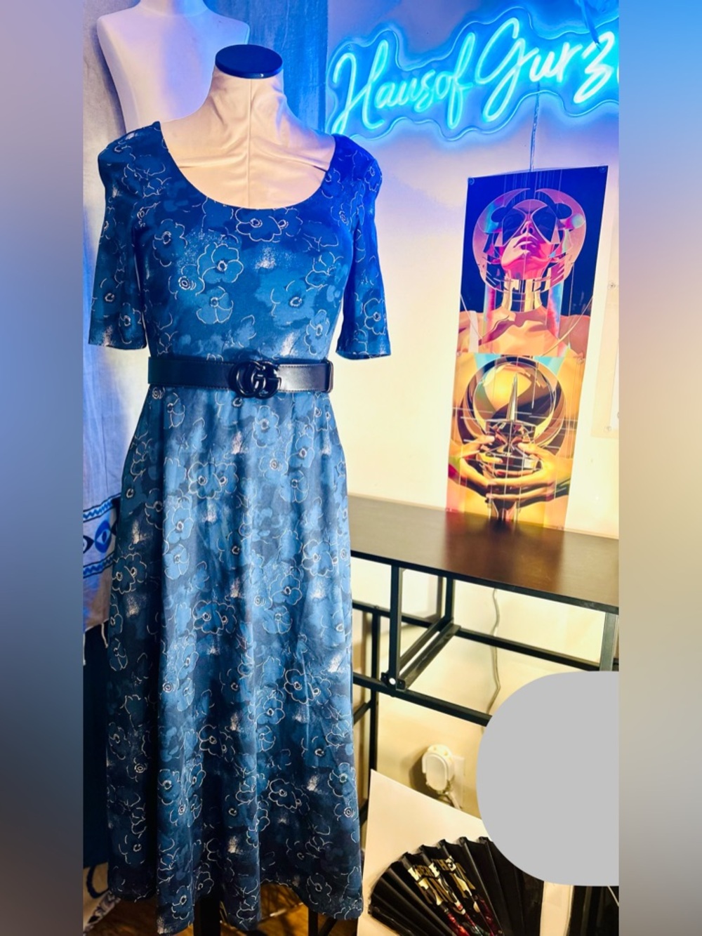 Pact Navy Blue Half-Sleeve Floral Scoop Midi Dress w Side Pockets: NWOTs